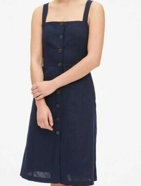 Gap Navy Linen Blend Button Front Dress size 6 Square Neck